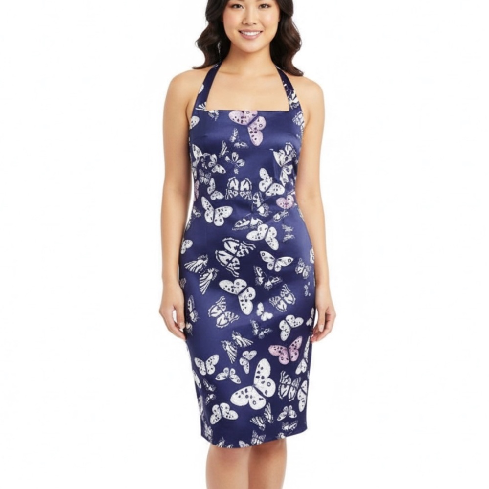 Karen Millen NWT Butterfly Print Satin Halterneck Wiggle Pencil Dress Size 10